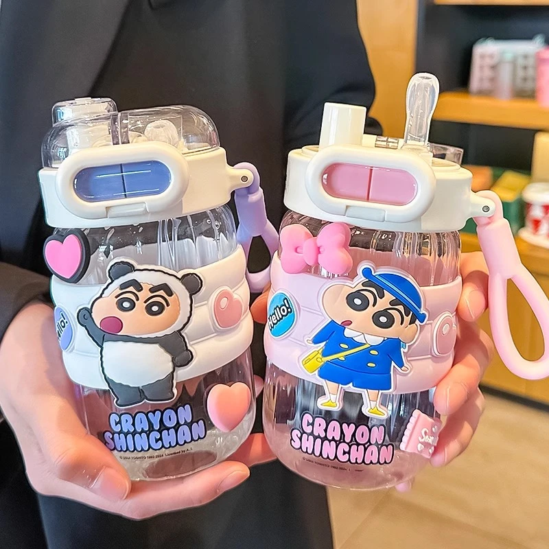 蜡笔小新儿童水杯2025新款高颜值耐高温玻璃杯学生便携双饮吸管杯