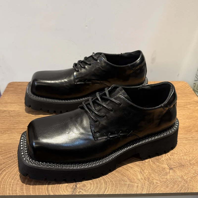 骑士方头男鞋休闲时尚高显腿长增高5cm复古英伦风男士皮鞋德比鞋