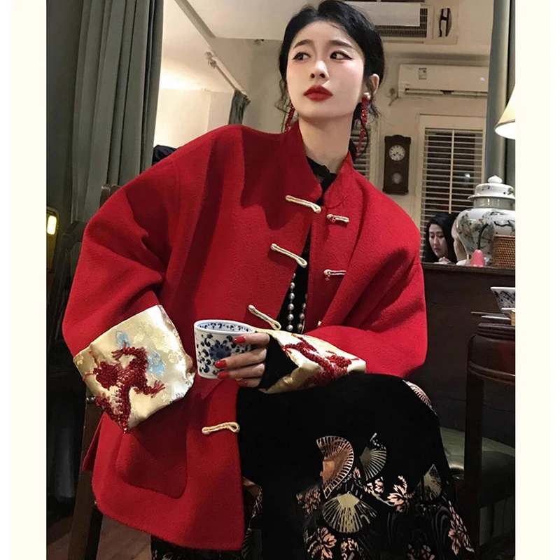 古改良唐装中国风女装新中式立领新年红色毛呢外套冬季欧美外套
