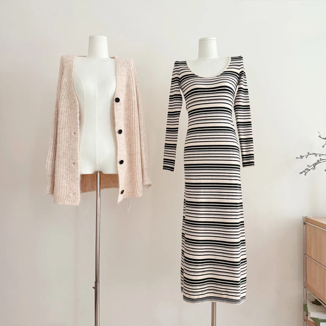 【平行线】长袖 显瘦高级感 撞色条纹针织连衣裙