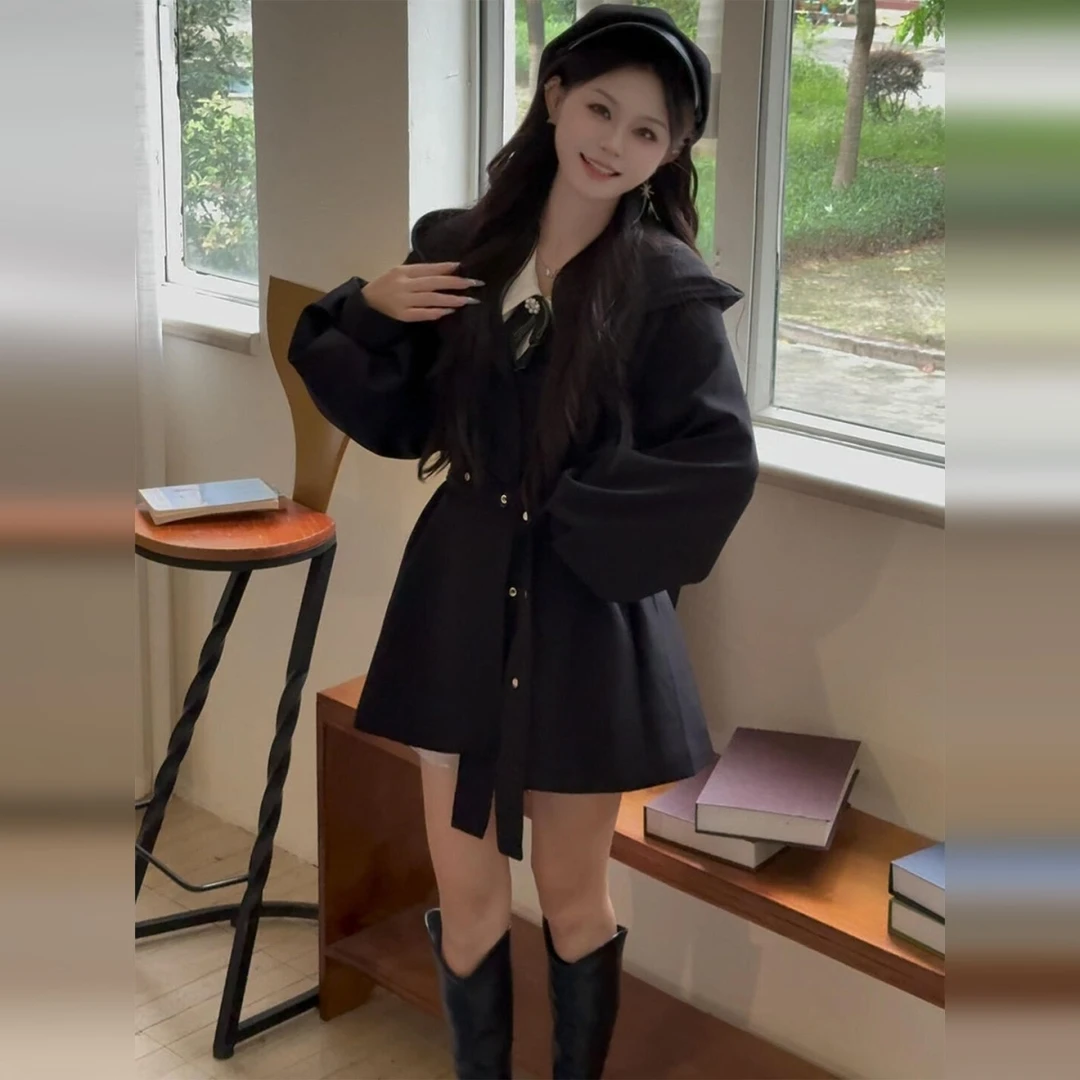 黑色连帽风衣外套女秋冬季2025新款爆款韩系氛围感穿搭小个子大衣