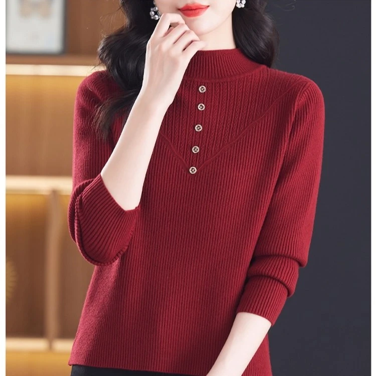 新款洋气妈妈毛衣半高领打底衫中老年女士秋冬装内搭针织保暖加厚