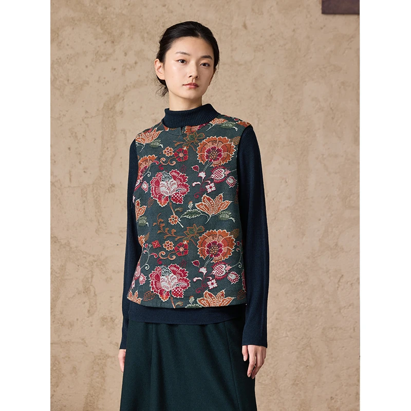 Q.TU长绒棉提花马夹女秋冬新款4368立领显瘦古典别致高级中式马甲