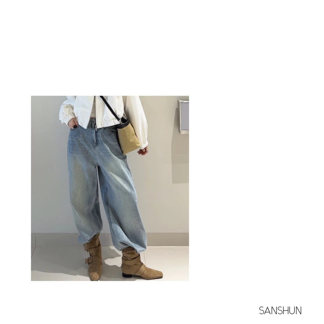 Sanshun－(经典存在)－秋季显瘦高腰直筒时尚宽松水洗浅牛仔裤