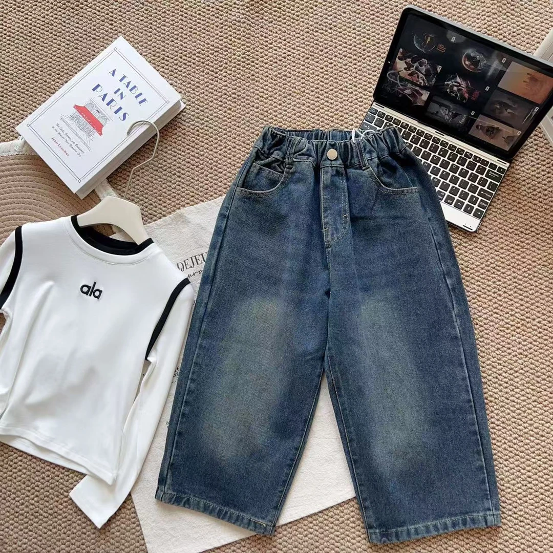 女童秋季洋气纯色磨白一粒扣直筒休闲牛仔裤9688