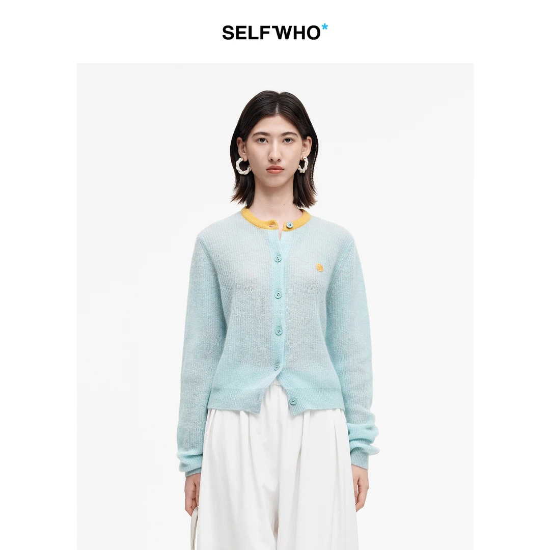 SELFWHO绵羊毛马海毛混纺撞色针织开衫女2025秋新款圆领落肩上衣