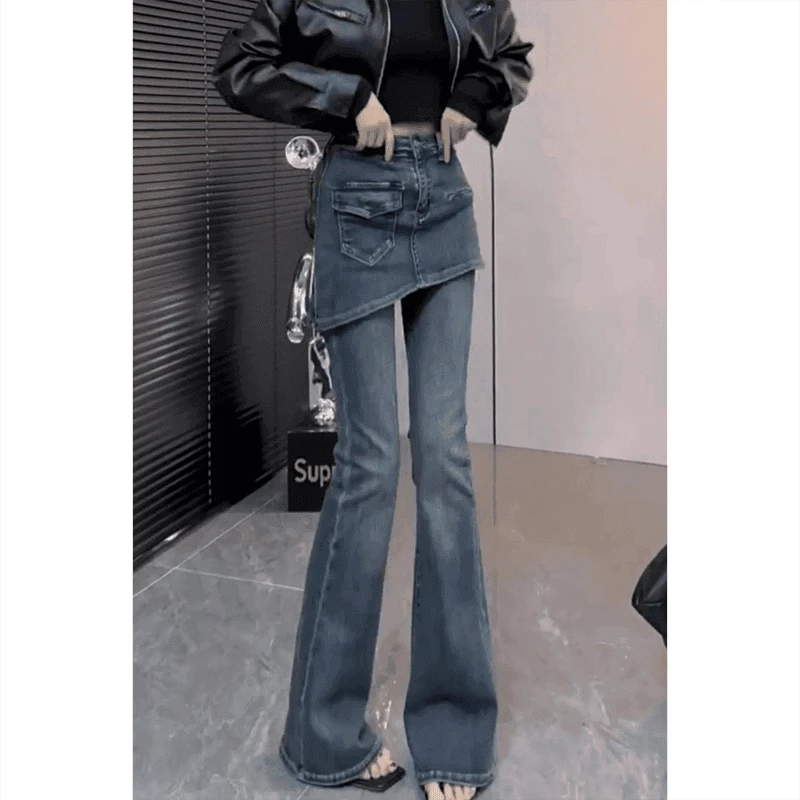 大码高腰显瘦假两件微喇牛仔裤子女款2025秋冬胖mm弹力修身马蹄裤