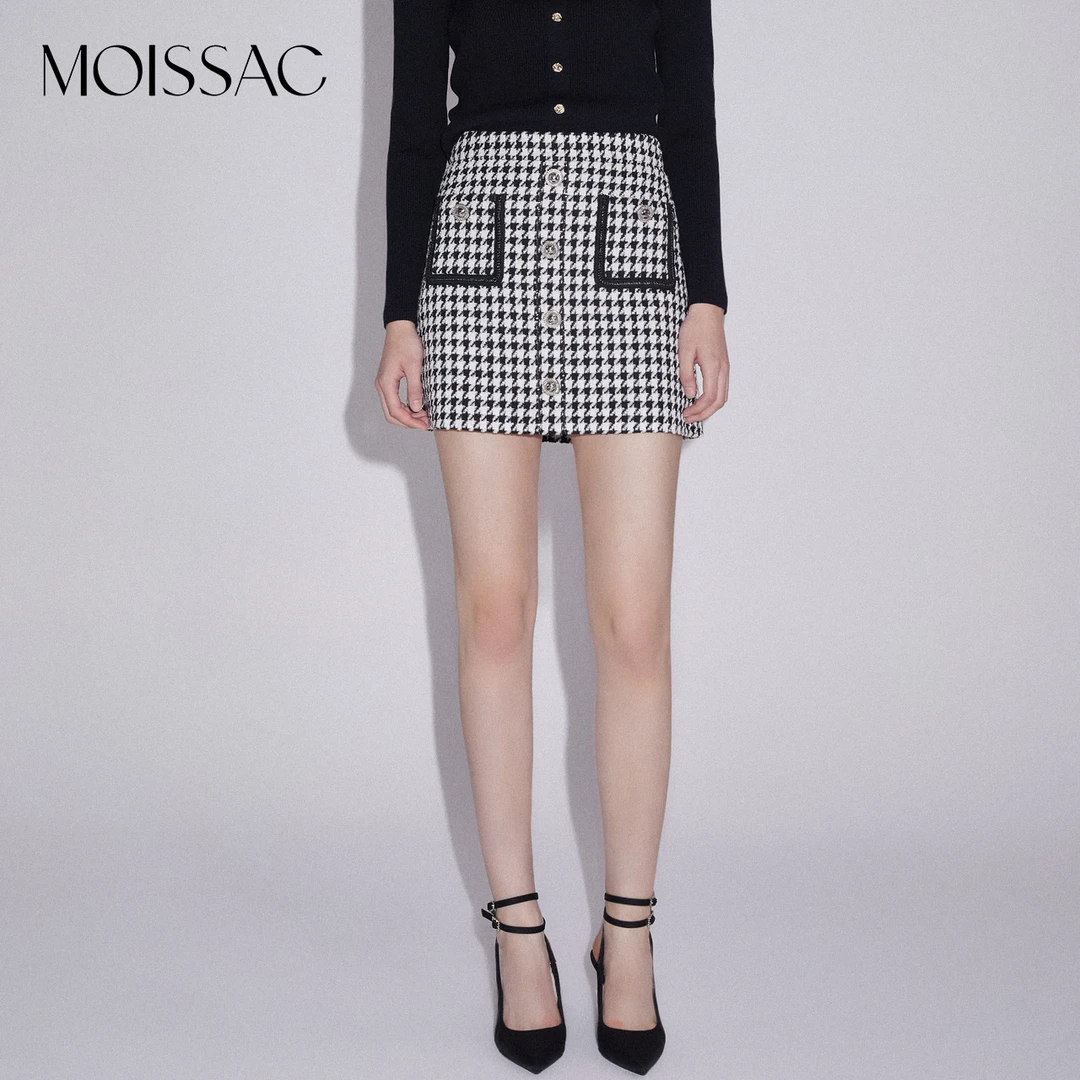 MOISSAC/摩萨克 浪漫黑白千鸟格小香风A字半裙MWDC20235