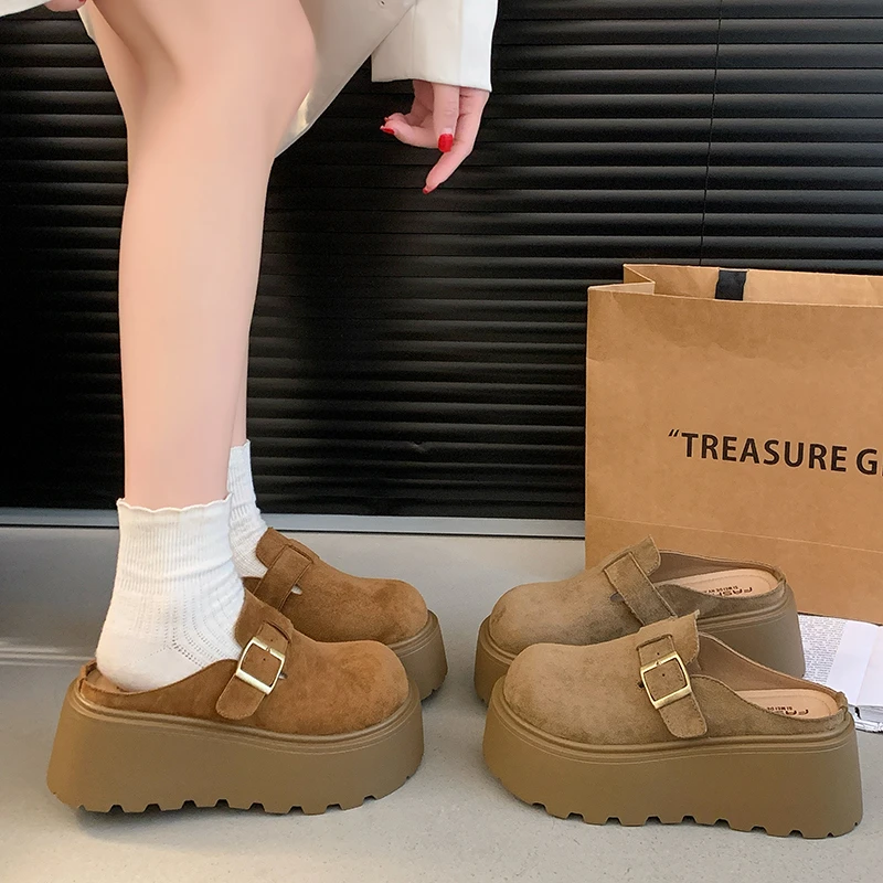 厚底包头半拖鞋女2024秋冬新款松糕底增高小个子高跟懒人勃肯鞋潮