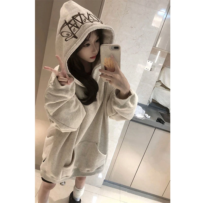 谁穿谁好看加绒加厚白灰色字母刺绣连帽卫衣女秋冬季宽松外套上衣