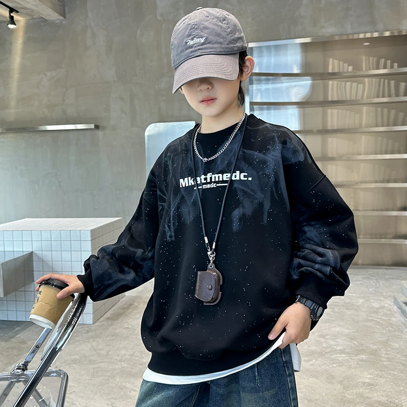 男童秋冬款加绒卫衣潮牌儿童休闲宽松中大童黑色秋冬季闪银衣服