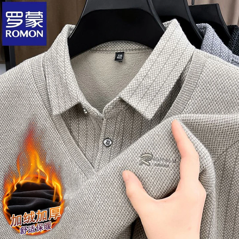 【加绒加厚】罗蒙爸爸衬衫领假两件毛衣男秋冬季韩版潮流针织衫潮