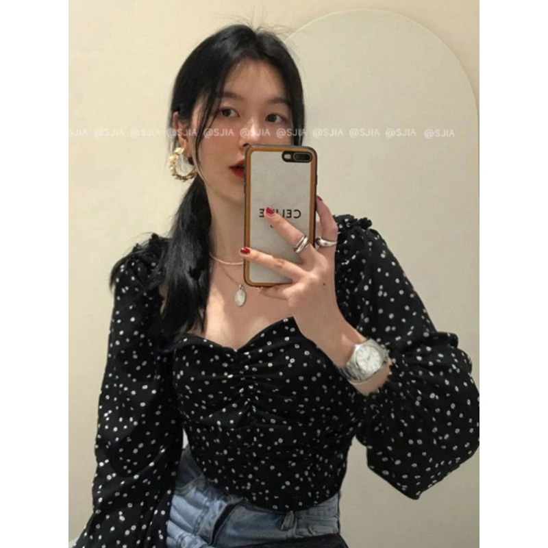 衬衫女法式复古碎花V领泡泡袖衬衣2025秋季新款长袖修身短款上衣