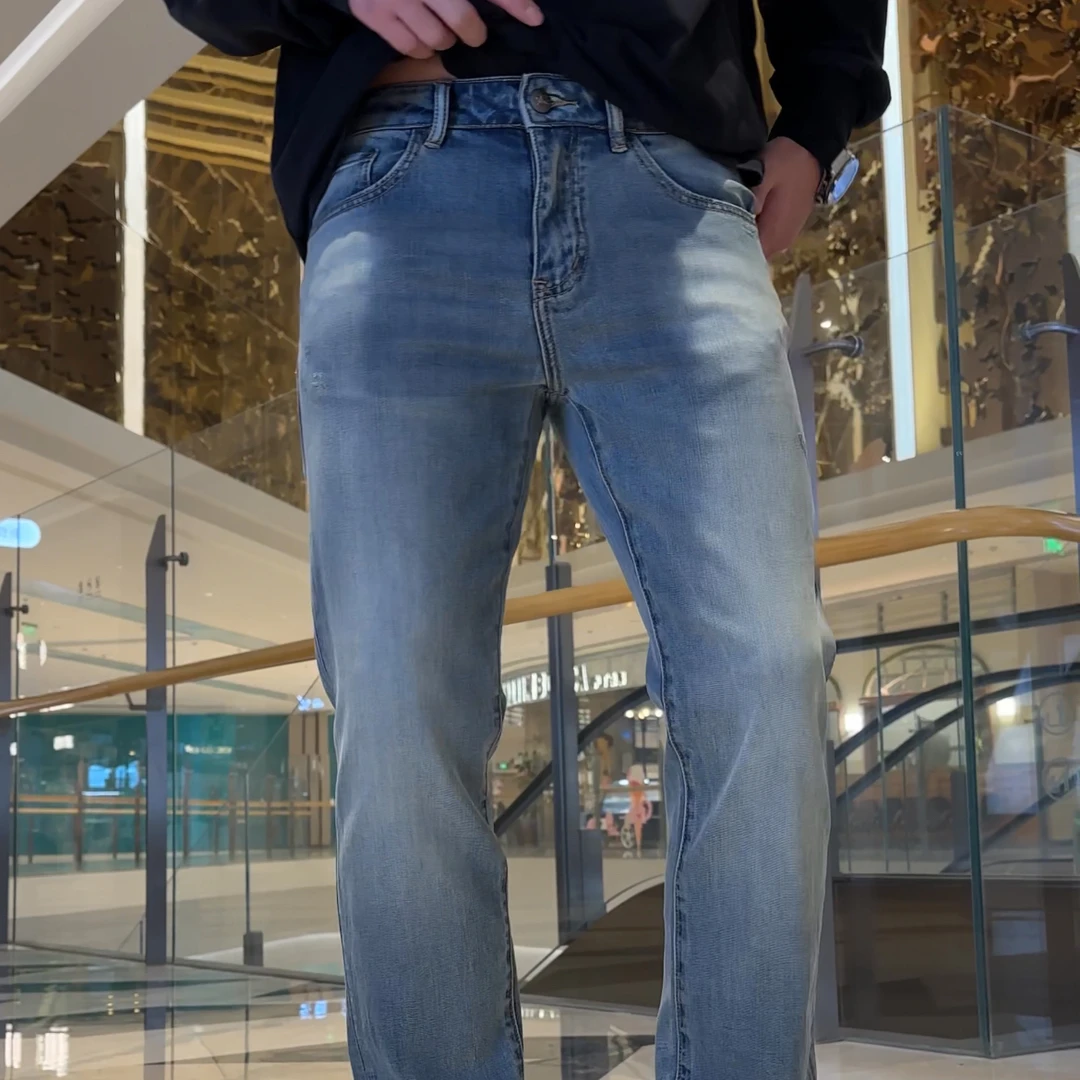 2025春夏新款浅蓝色男牛仔裤子洗水 百搭休闲修身小直筒裤