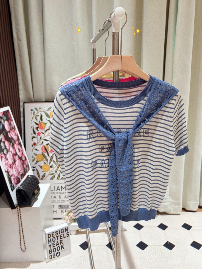 【俐心2】韩系条纹披肩短袖T恤女宽松百搭显瘦上衣