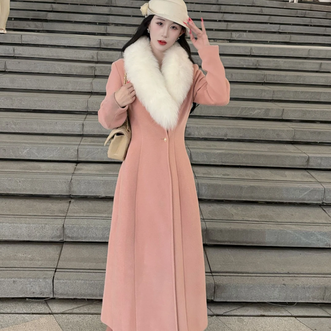 LHMknk1画报夫人原创自制秋冬复古vintage显瘦A摆皮粉色大衣外套