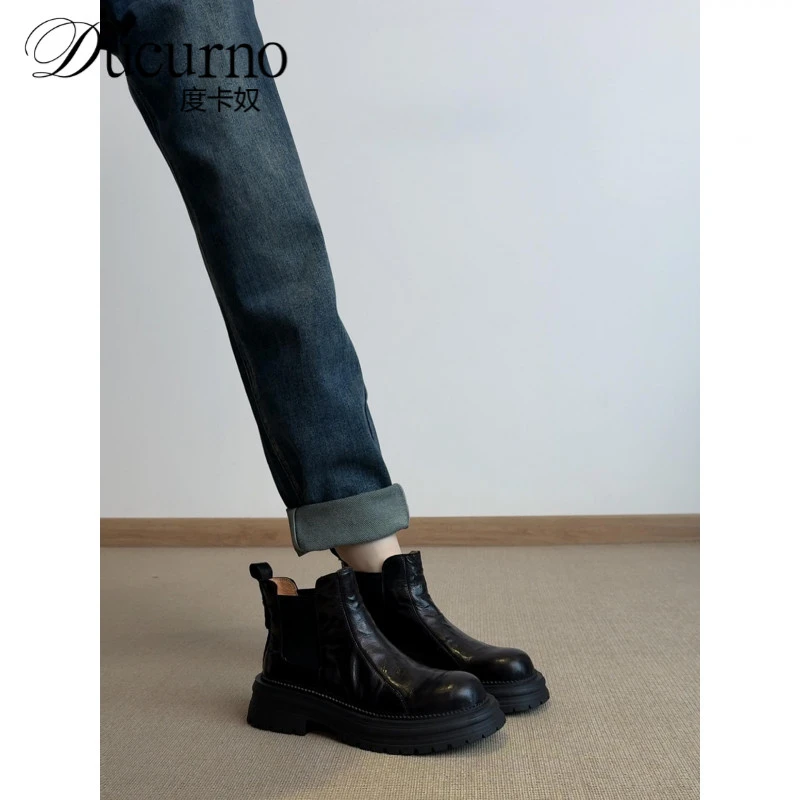度卡奴日常出街~4.5cm手抓纹羊皮真皮小个子厚底增高切尔西短靴