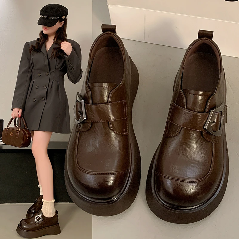 欧货乐福鞋女2025春季新款黑色单鞋纽扣松糕休闲单鞋内增高厚底鞋