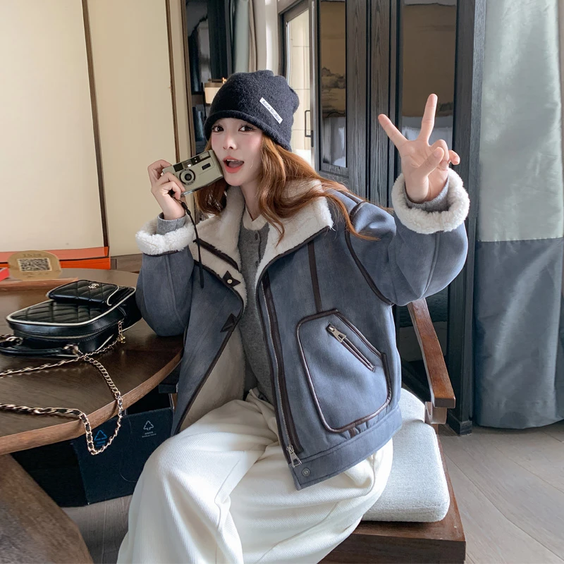复古机车风皮毛一体外套2025冬季新款纯色加绒加厚羊羔毛百搭棉服