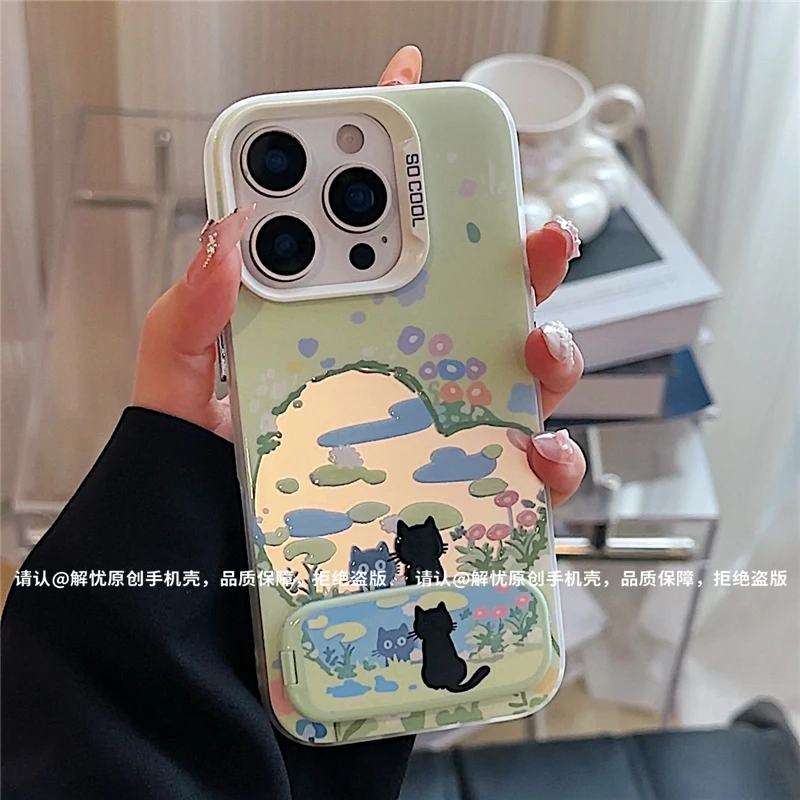 池塘小猫支架彩银手机壳适用苹果16pro华为荣耀/OPPO/VIVO小米15