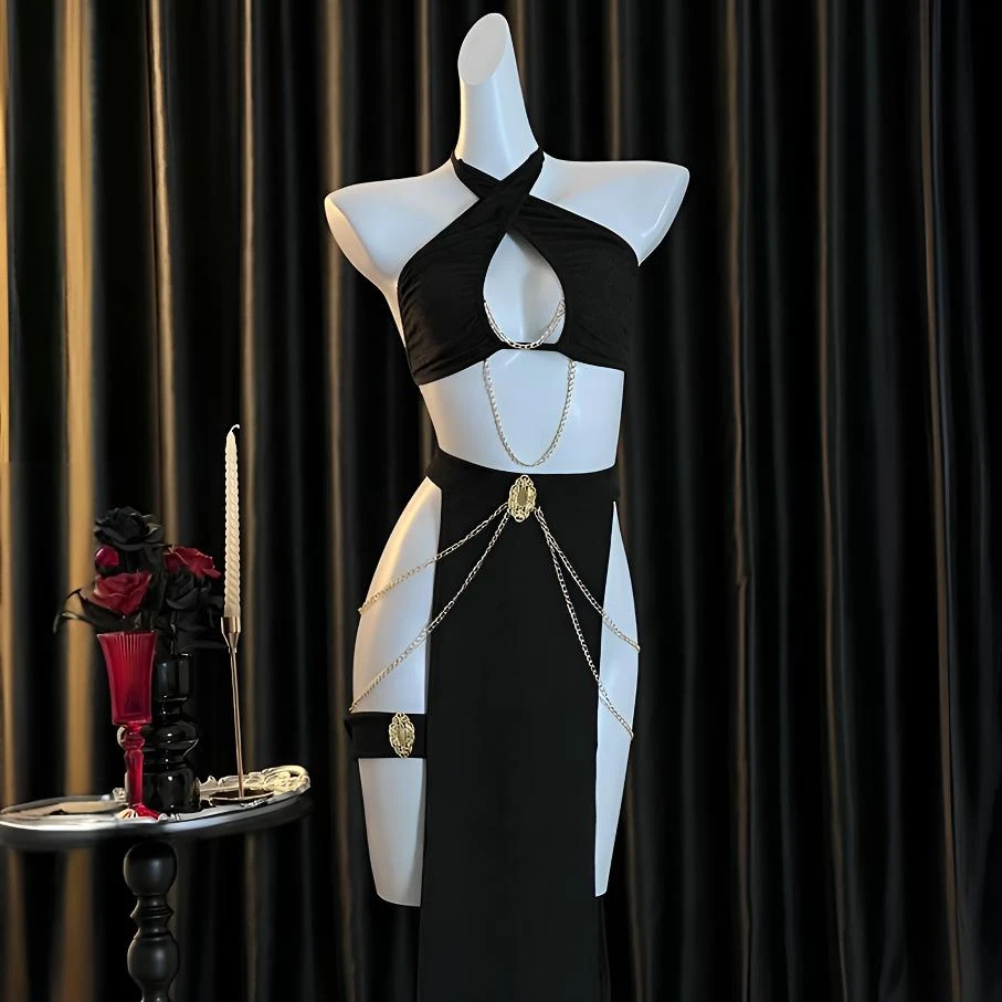 性感睡衣女套装黑色古风埃及私房禁欲系睡衣镂空挂脖露背约会战袍