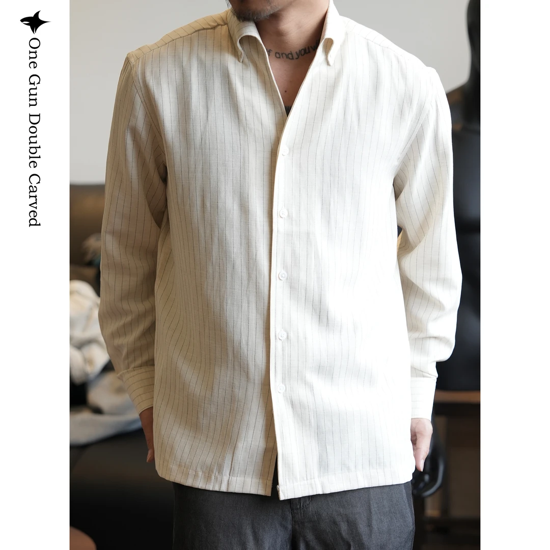 老颜定制精致亚麻高贵奢华条纹衬衫男新款秋冬百搭休闲宽松上衣