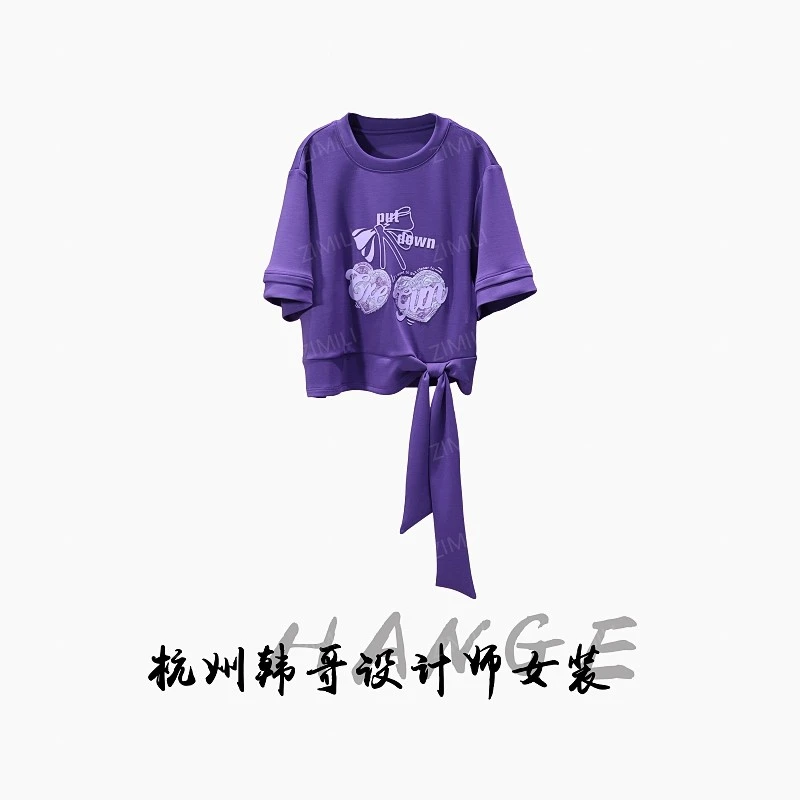 【韩哥女装】2025欧版设计雪青紫立体烫画飘带时尚休闲重工短袖8867