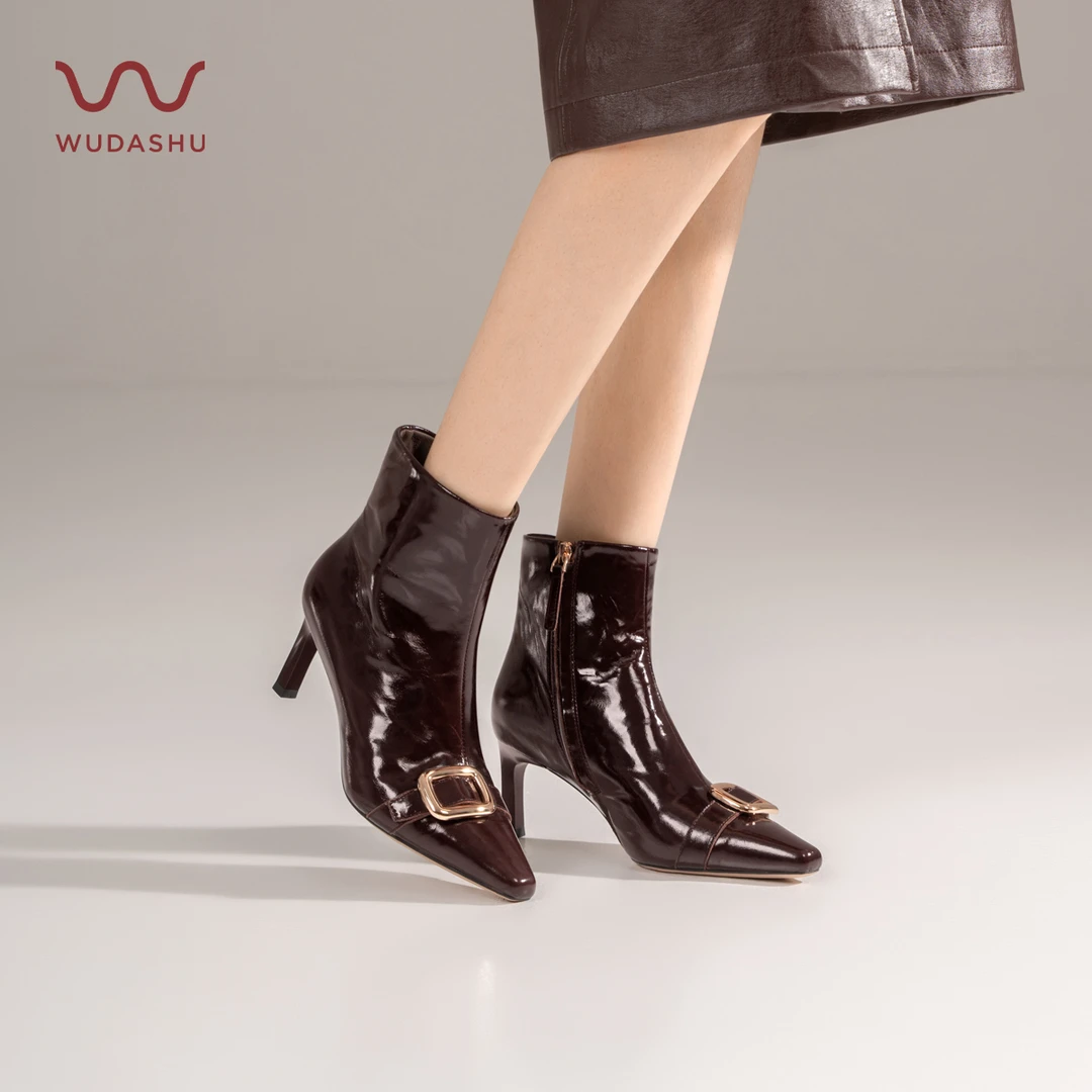 吴大叔【红云鞋】复古时髦尖头细跟短靴气垫缓震高跟靴子真皮单靴女