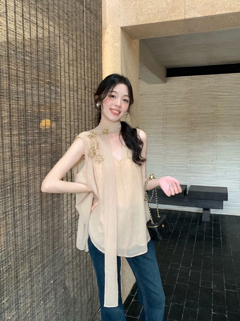 法式无袖套头宽松型韩版时尚名媛风白色衬衫气质衬衣上衣打底衫