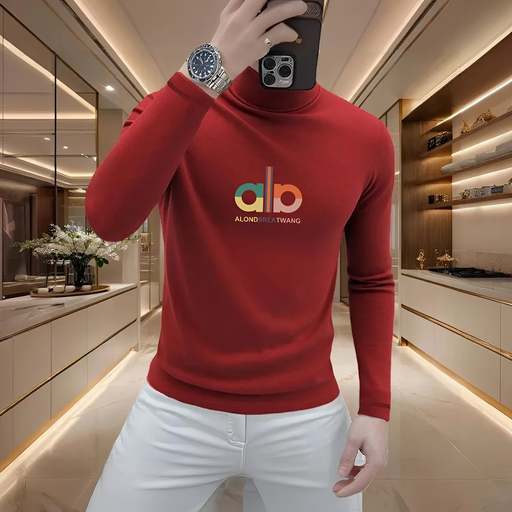 青少年秋冬款男装时尚印花半高领打底衫帅气男士t恤长袖德绒上衣