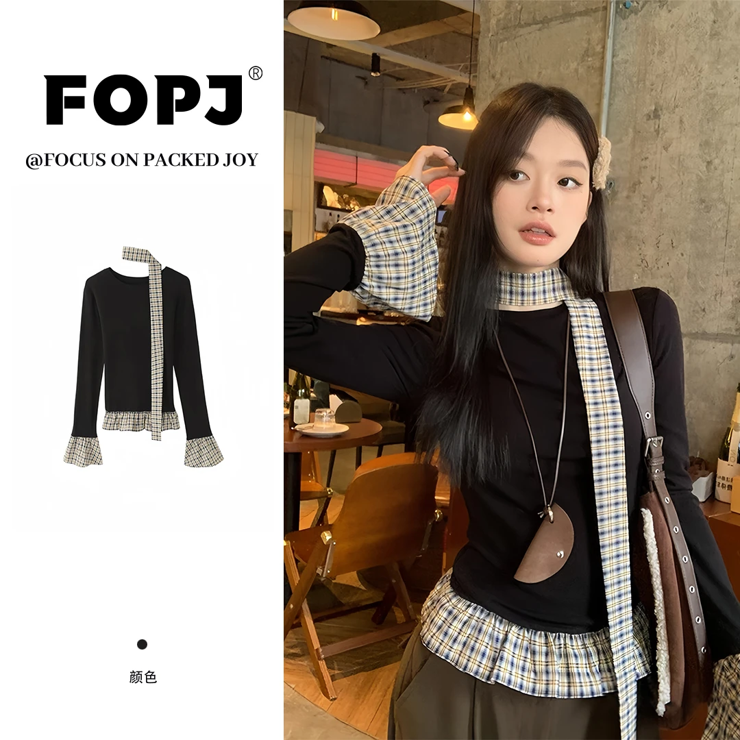 FOPJ韩系小香风网红气质拼接长袖t恤女春秋时尚百搭设计感ins上衣