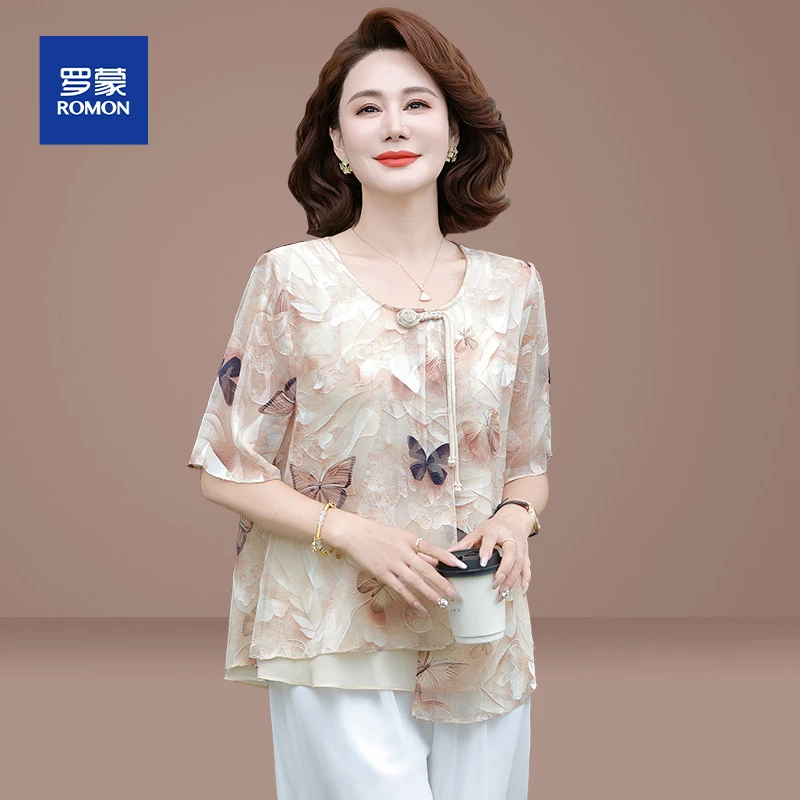 新中式国风雪纺衫妈妈装夏套装2025新款中老年女夏季短袖小衫上衣