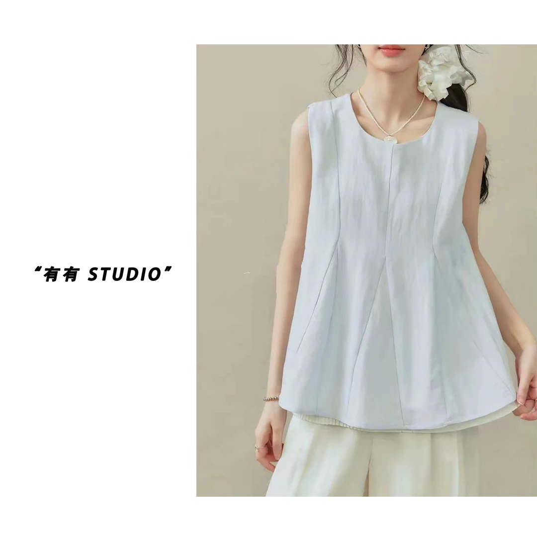 「老钱风雨露麻裙摆背心」韩系！百搭简约气质女士拼线无袖背心