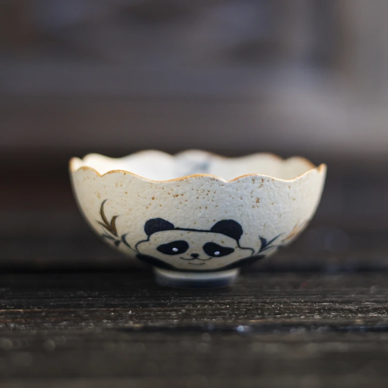 小黑家用手工个性复古柴烧熊猫花瓣杯90ml（Q7611）