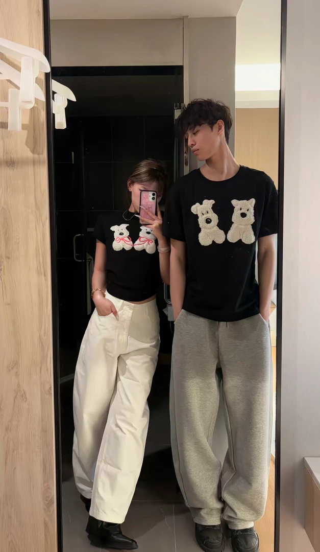 PSOBrand纯棉可爱贴布绣小狗宽松百搭男女情侣短袖夏季欧若风T恤