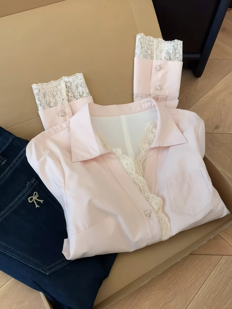 甜美减龄粉色掐腰显瘦衬衫2025夏季薄款纯欲蕾丝拼接防晒长袖衬衣