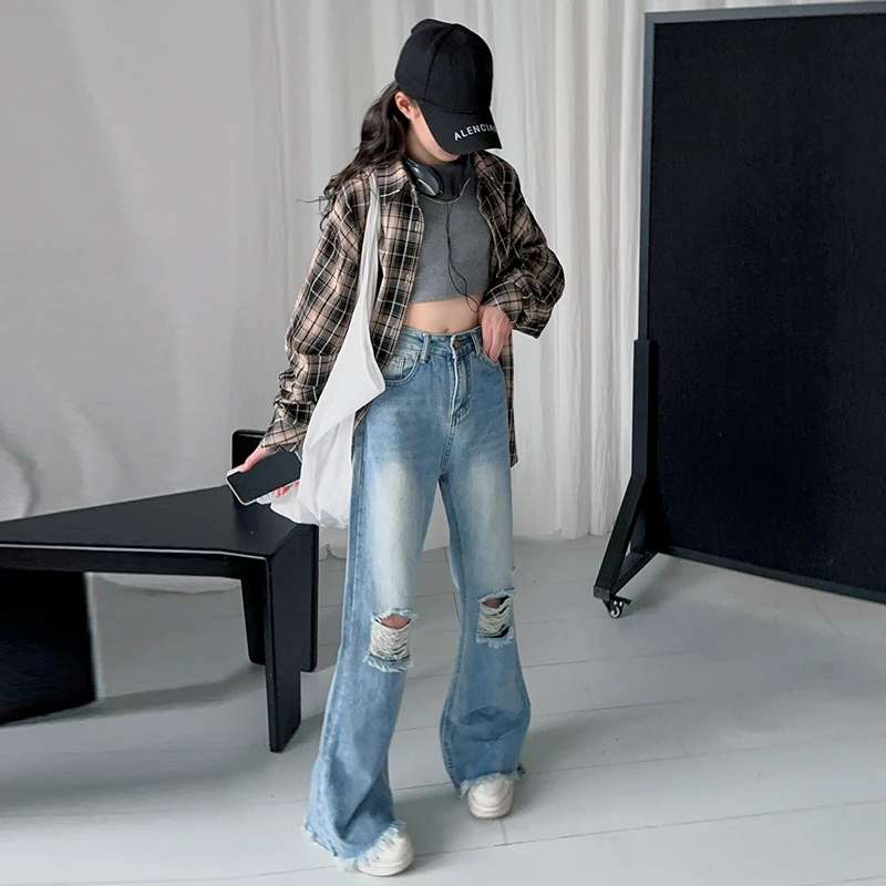 女童格子衬衫破洞微喇牛仔裤春秋装洋气炸街夏季大儿童酷飒潮穿搭