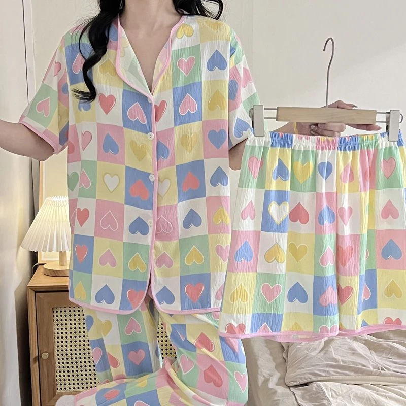 云朵棉三件套睡衣女夏季新款短袖多巴胺格子甜美家居服春秋套装