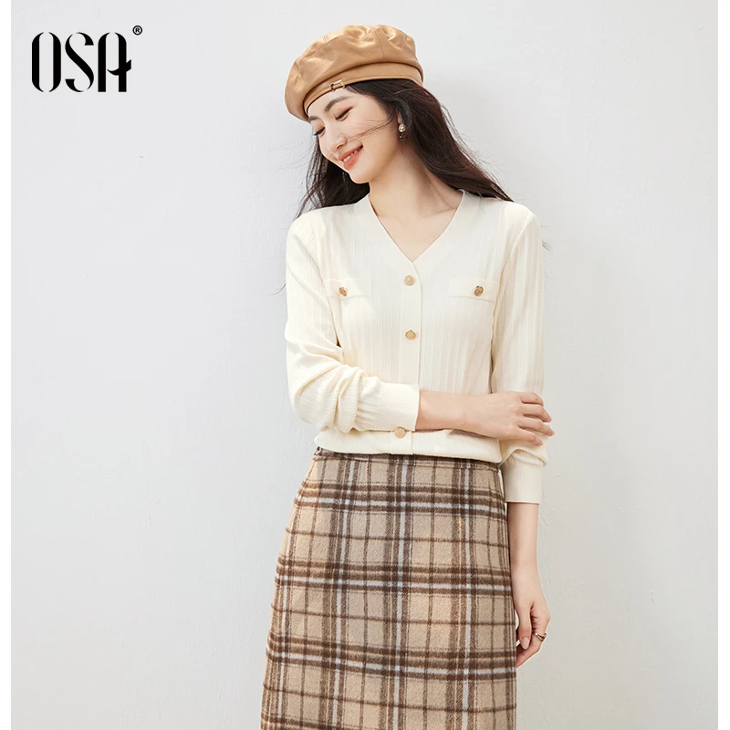 OSA/ 经典小香风V领小衫女秋季新款百搭长袖上衣女S125C16011