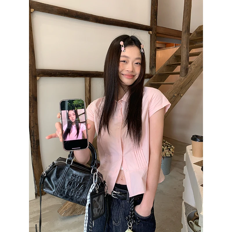 宋正恩粉色短袖衬衫女夏季慵懒休闲简约百搭洋气翻领上衣AA6753