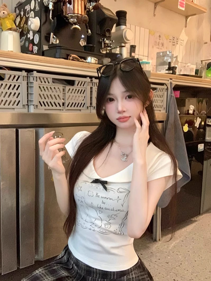 纯欲风可爱小猫正肩短袖T恤女夏季新款蝴蝶结娃娃领修身短款上衣