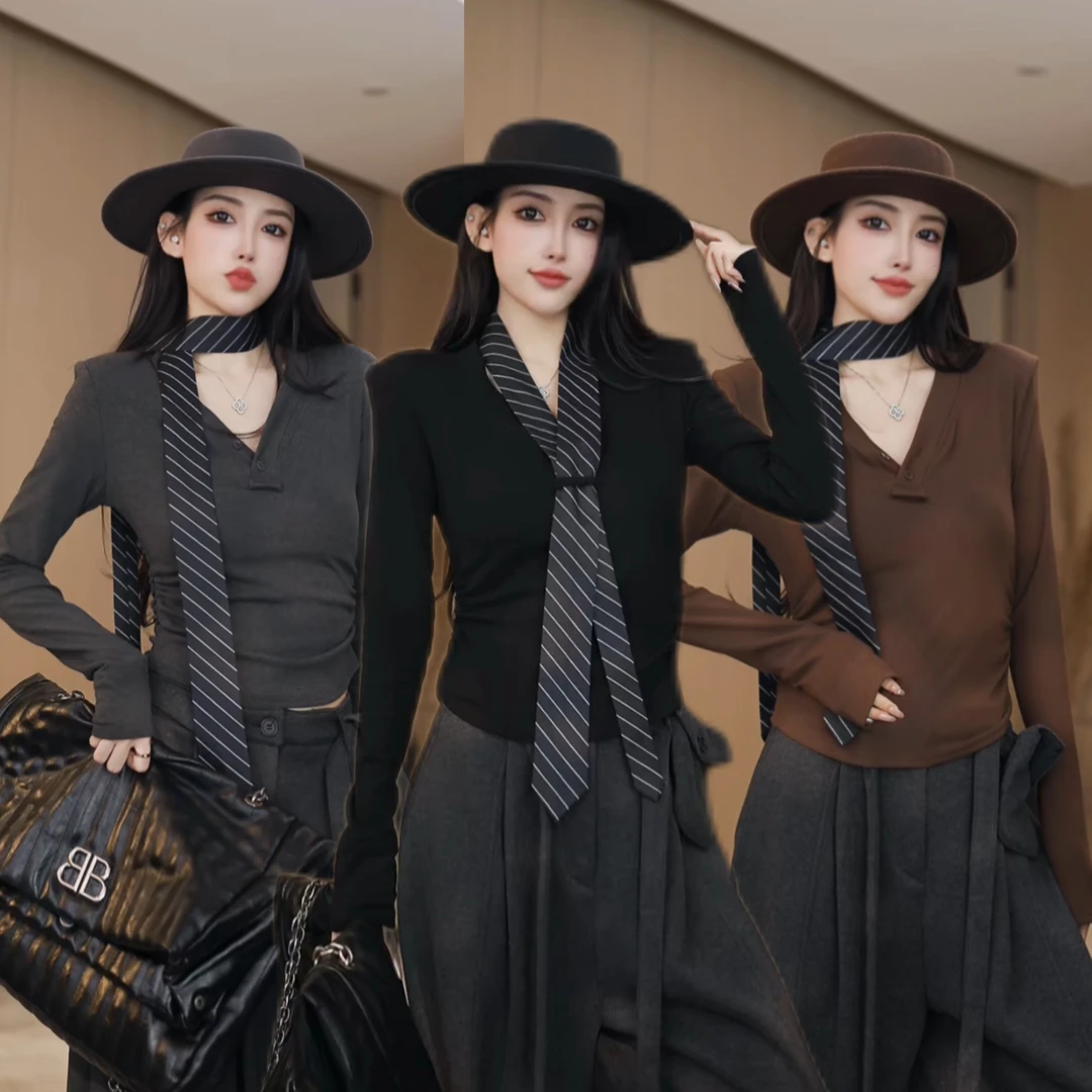 韩系穿搭条纹领带v领长袖打底衫女秋冬修身显瘦气质内搭上衣W5665