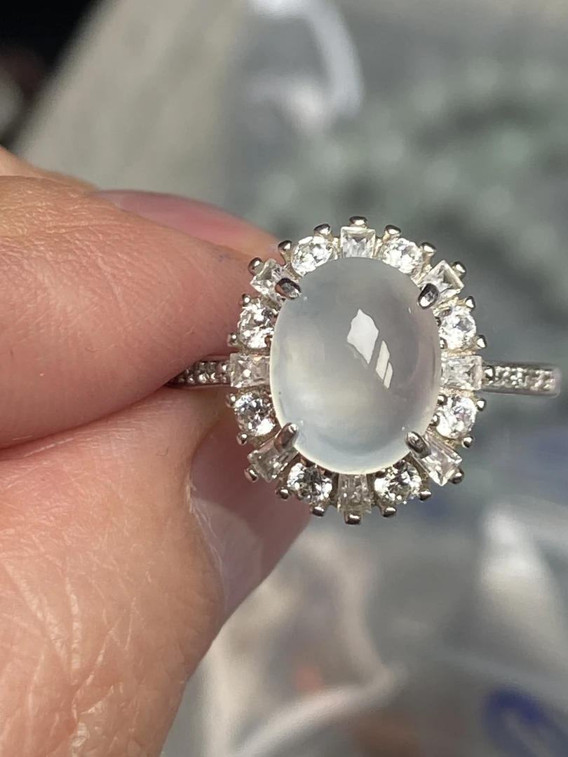 天然缅甸翡翠A货，925银镶嵌高冰戒指