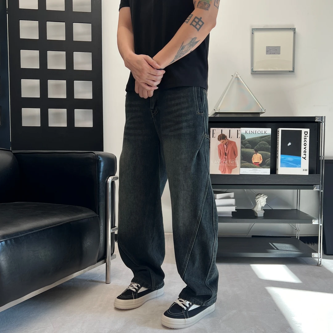 美式复古做旧拼接工装加绒牛仔裤男秋冬季宽松直筒休闲阔腿弯刀裤