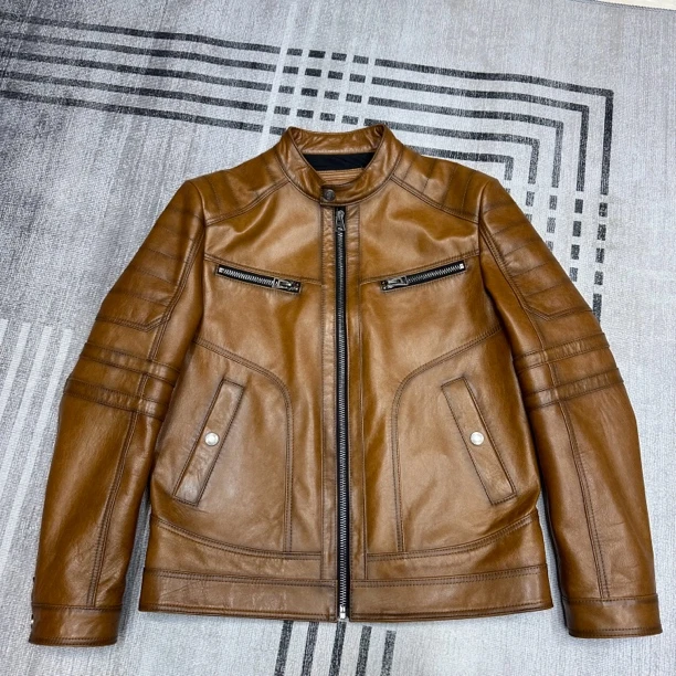 机车系列男士立领复古黄棕色机车皮衣男款休闲外套绵羊皮油蜡