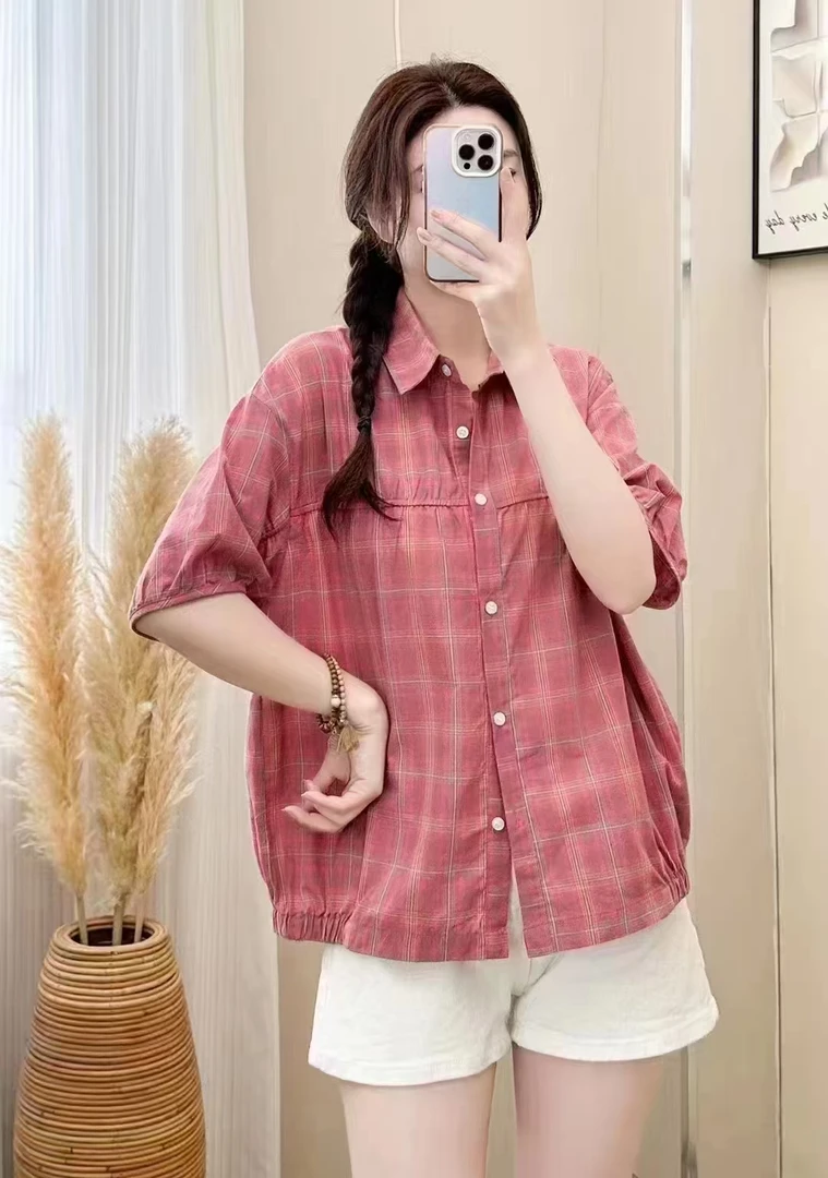 7806#格子翻领短袖衬衫女时尚洋气百搭休闲显瘦夏季新款