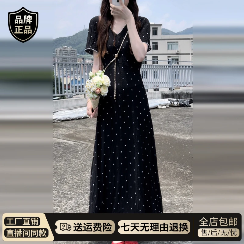 法式黑色v领波点连衣裙子女夏季设计感小众气质掐腰长裙2025新款
