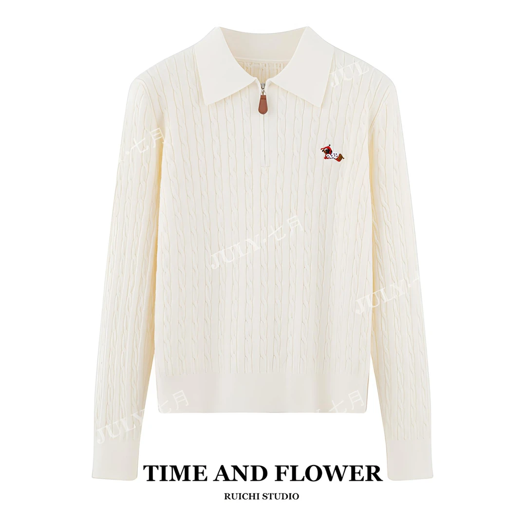 2025秋季新款韩版慵懒风POLO领皮扣半拉链小狗刺绣针织开衫外套女