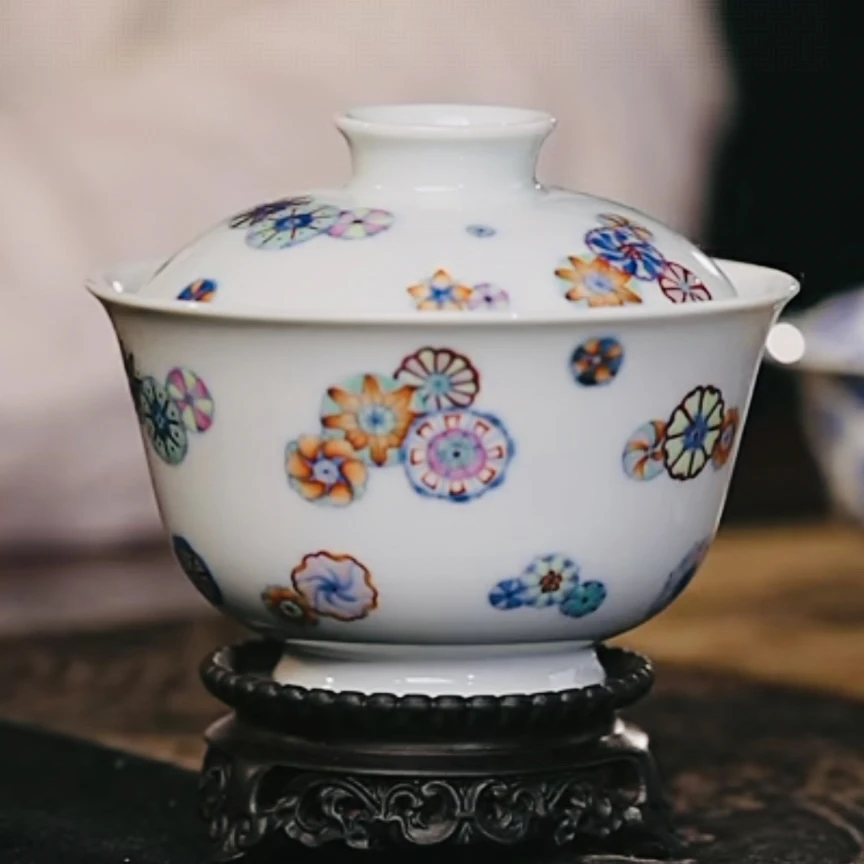 【黄老邪真选】敬畏堂｜斗彩皮球花元宝盖碗白瓷茶具