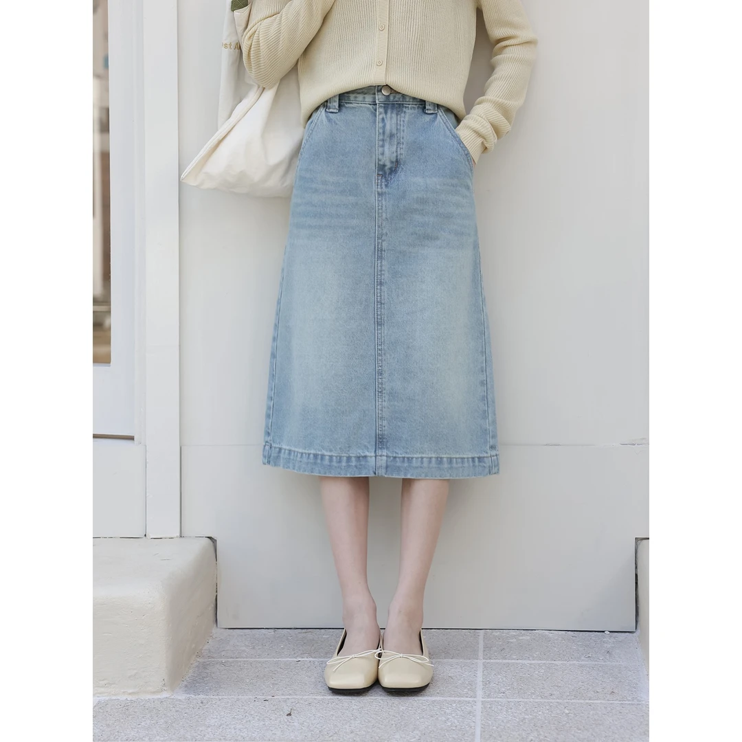 海盐蓝泡泡/水洗浅蓝 牛仔半身裙女秋小个子高腰a字半裙新款裙子